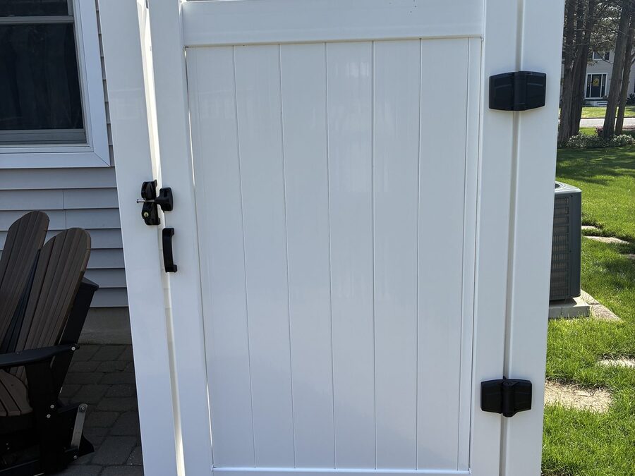 New white vinyl outdoor shower enclosure — Be Shore Exteriors